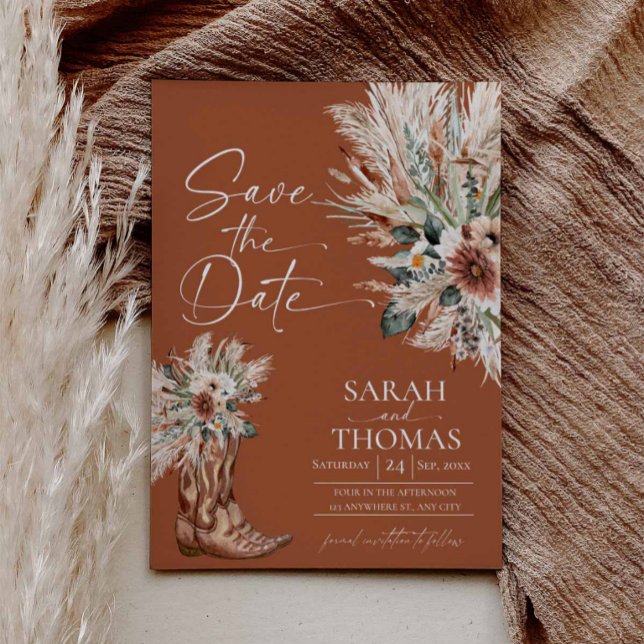 Rustikale westliche Terrakotta-Save-the-Date-Karte (Rustic Western Terracotta Save the Date with Photo)