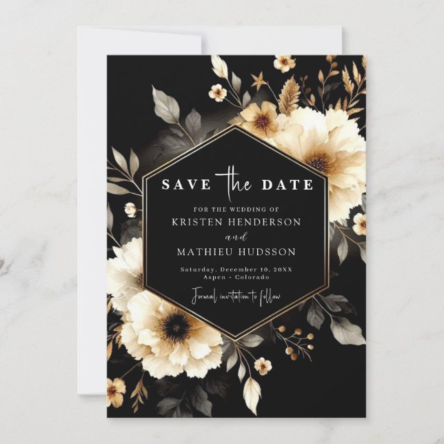 Rustikale Whimsical Gold und Black Wedding Save The Date (Vorderseite)