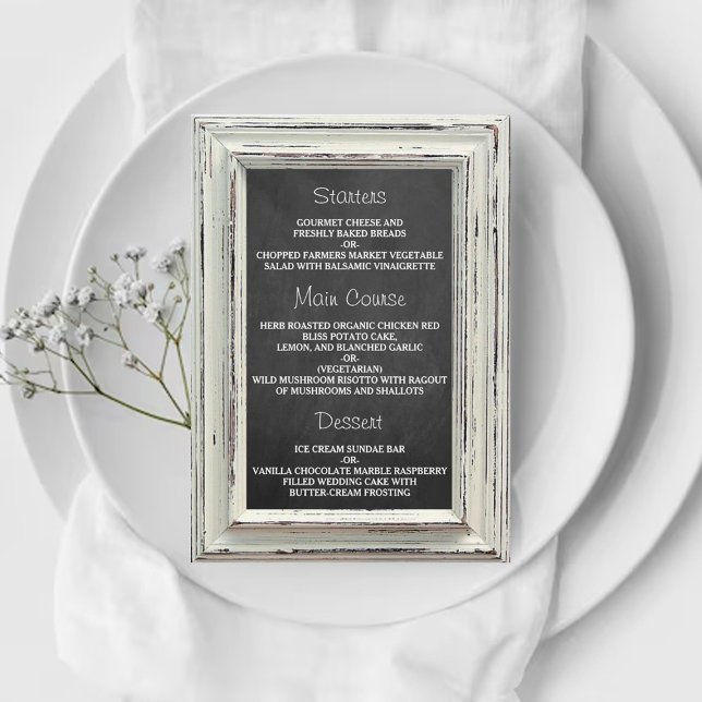 Rustikale White Frame & Chalkboard Hochzeitskollek Menükarte (Von Creator hochgeladen)