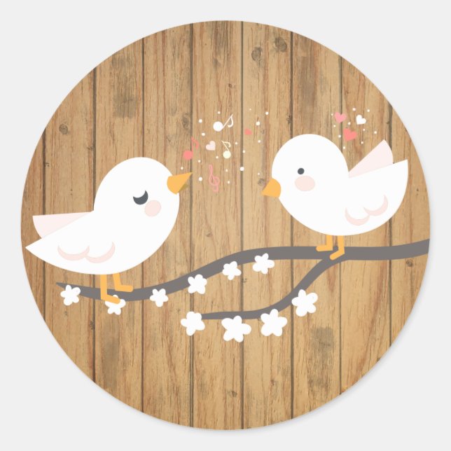 Rustikale White Lovebirds Brown Wood Wedding Runder Aufkleber (Vorderseite)