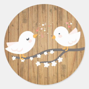 Rustikale White Lovebirds Brown Wood Wedding Runder Aufkleber