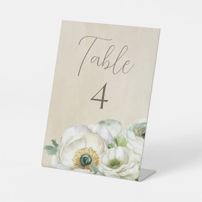 Rustikale White Ranunculus Wedding Tischnummer Sockelschild (Vorderseite)