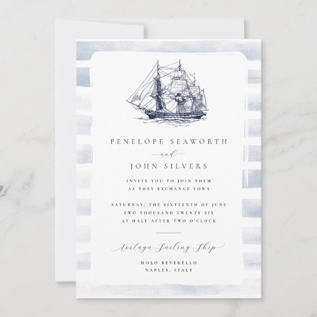 Rustikale White Watercolor Nautical Ship Wedding Einladung (Vorderseite)