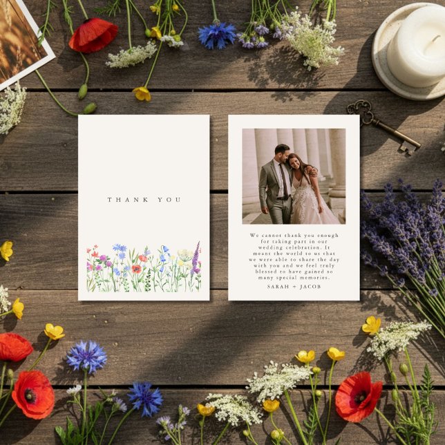 Rustikale Wiesenhochzeitsfotografie Dankeskarte (Rustic Wildflower Meadow Wedding Photo Thank You Card)