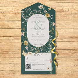 Rustikale Wildblume als Smaragdgrün-QR-Code All In One Einladung