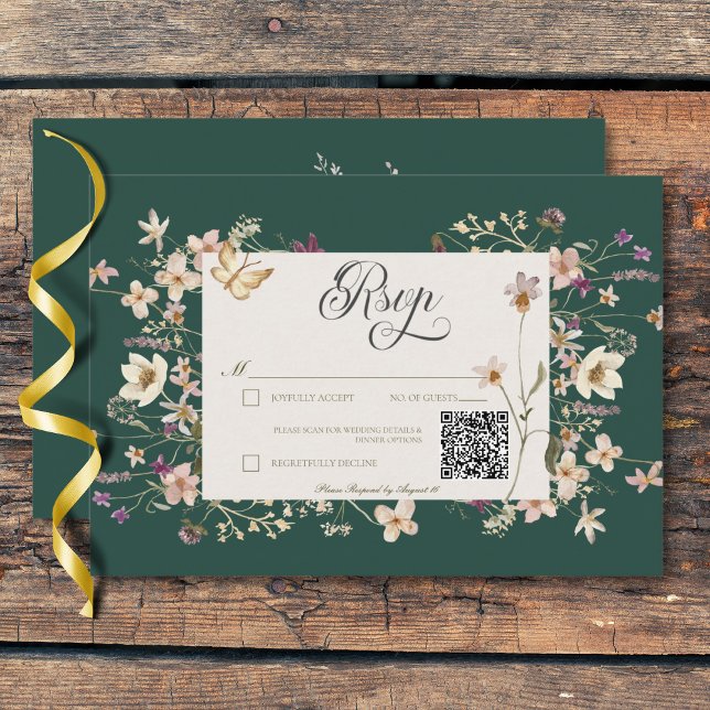 Rustikale Wildblume als Smaragdgrün-QR-Code RSVP Karte (Rustic Wildflower Frame Emerald Green Three Dinner RSVP Card)