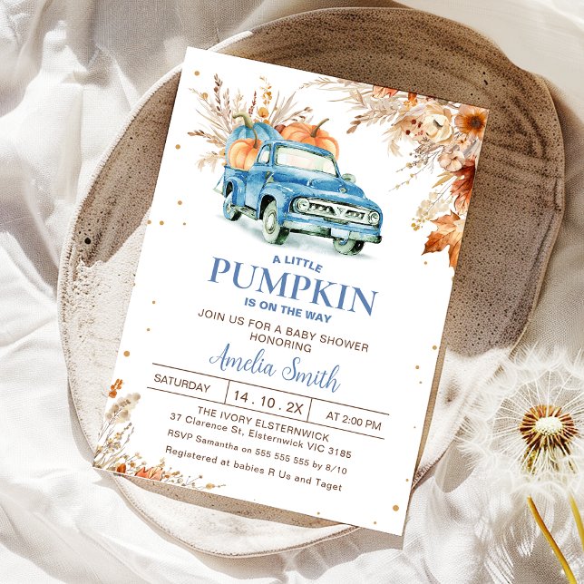 Rustikale Wildblume Blue Pumpkin Truck Kinderdusch Einladung (Fall Blue Pumpkin Truck Baby Shower Invitation Boy, boys Little Pumpkin Baby Shower Invite, Foliage)