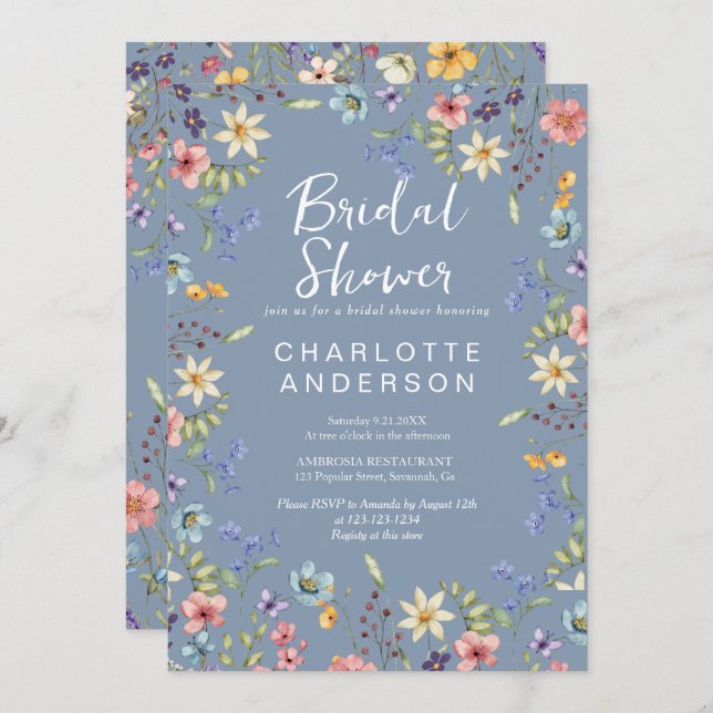 Rustikale Wildblume Dusty Blue Brautparty Einladung (Vorne/Hinten)