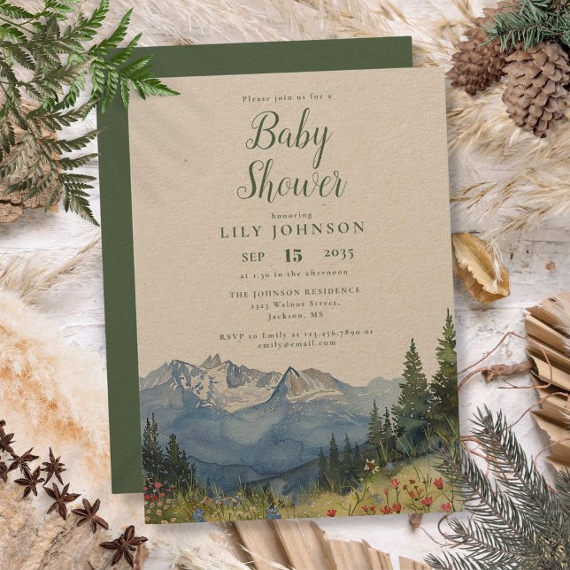 Rustikale Wildblume Gebirgsdusche Kinderdusche Einladung (Rustic Watercolor Mountain Wildflower Baby Shower Invitation)