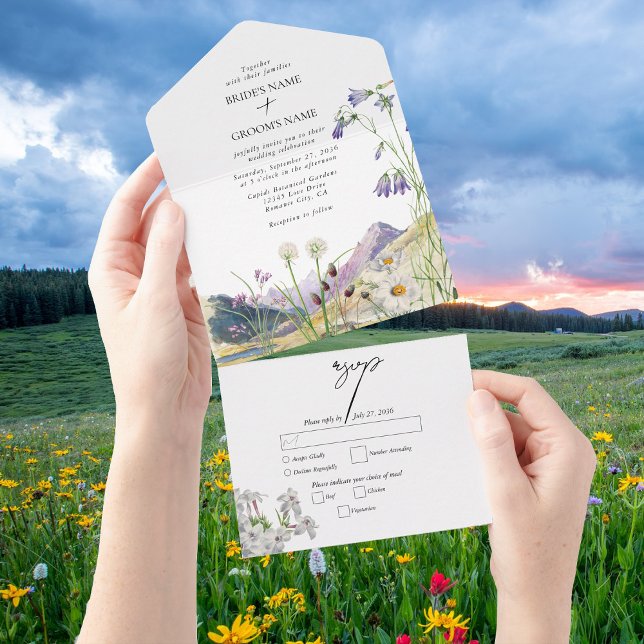 Rustikale Wildblume Hochzeit All In One Einladung (Rustic Watercolor Wildflower Mountain Wedding All In One Invitation)