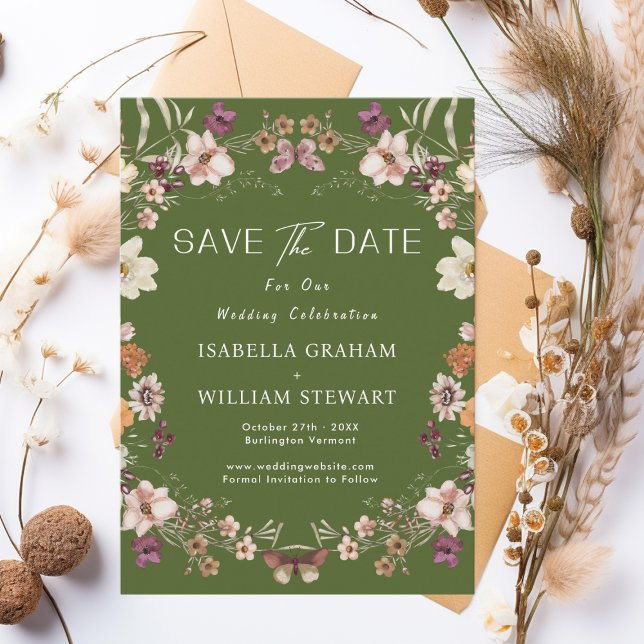 Rustikale Wildblume Moss Green Boho Save the Date Einladung (Von Creator hochgeladen)