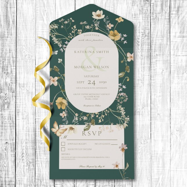 Rustikale Wildblume Rahmen Smaragdgrün kein Abende All In One Einladung (Rustic Wildflower Frame Emerald Green No Dinner All In One Invitation)