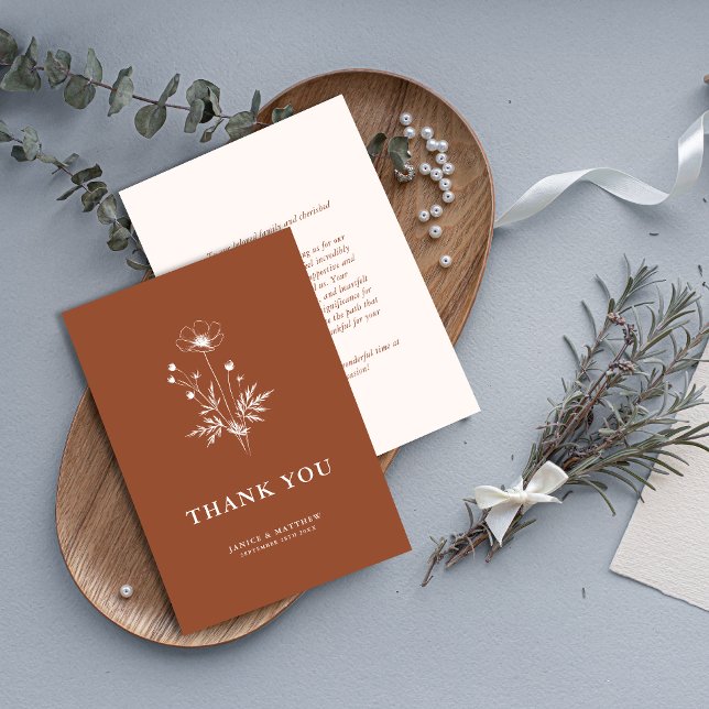 Rustikale Wildblume Terracotta Boho Wedding Dankeskarte (Rustic terracotta boho thank you card adds floral charm and expresses heartfelt wedding gratitude.)