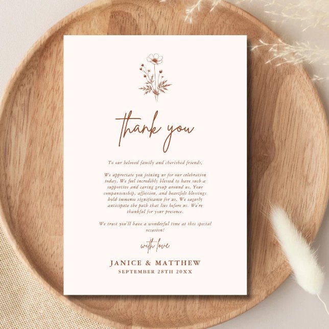 Rustikale Wildblume Terracotta Boho Wedding Dankeskarte (Terracotta boho thank you card adds floral charm and expresses heartfelt gratitude beautifully)