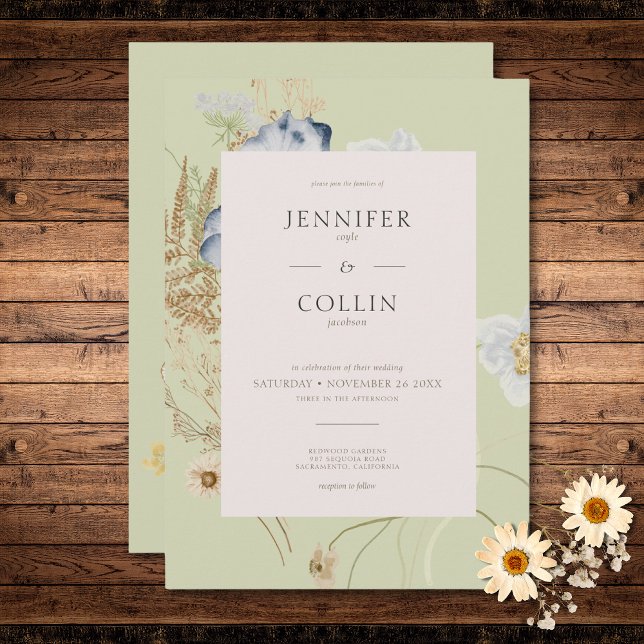 Rustikale Wildblumen auf einer Hochzeit Einladung (Rustic Wildflowers on Light Sage Wedding Invitation)
