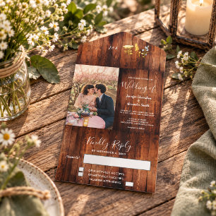 Rustikale Wildblumen auf Holz Foto-Hochzeit All In One Einladung