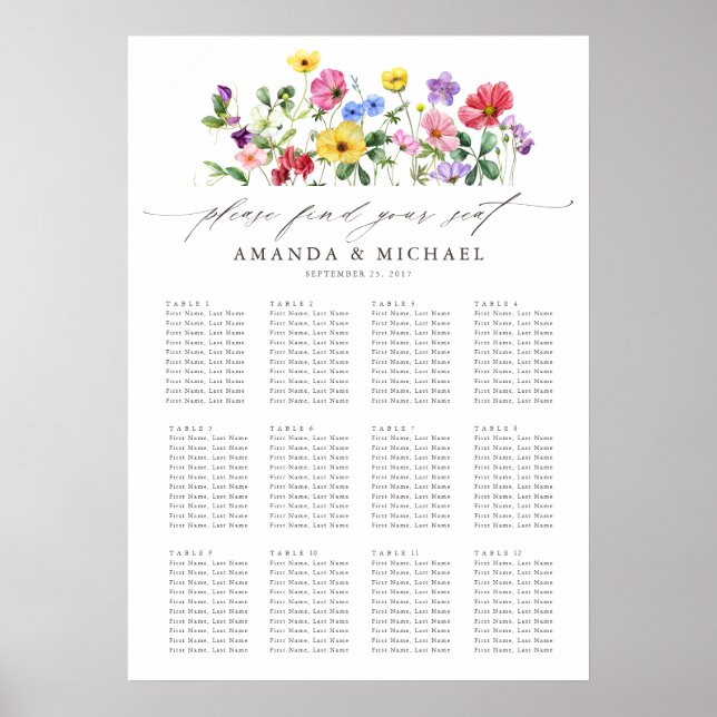 Rustikale Wildblumen-Hochzeitssitzordnung Poster (Vorne)