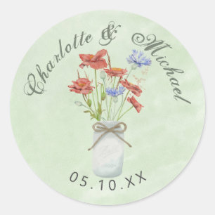 Rustikale Wildblumen in Weißballjar Hochzeit Runder Aufkleber