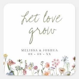 Rustikale Wildblumen Ließ Liebe wachsen Hochzeitsf Quadratischer Aufkleber