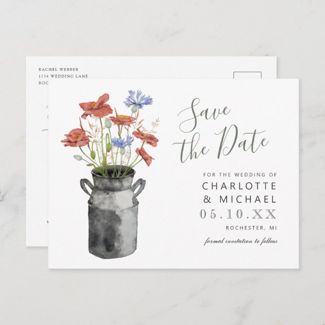 rustikale Wildblumen Milchbucket Save the Date Postkarte (Vorne/Hinten)
