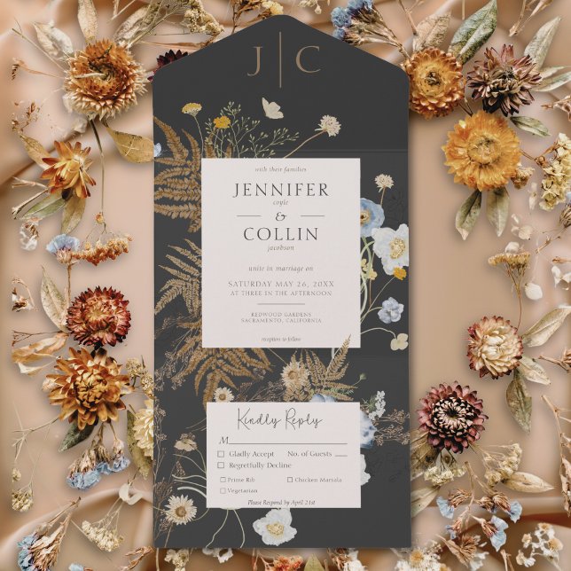 Rustikale Wildblumen Monogram Black Dinner All In One Einladung (Rustic Wildflowers Monogram Black Dinner All In One Invitation)