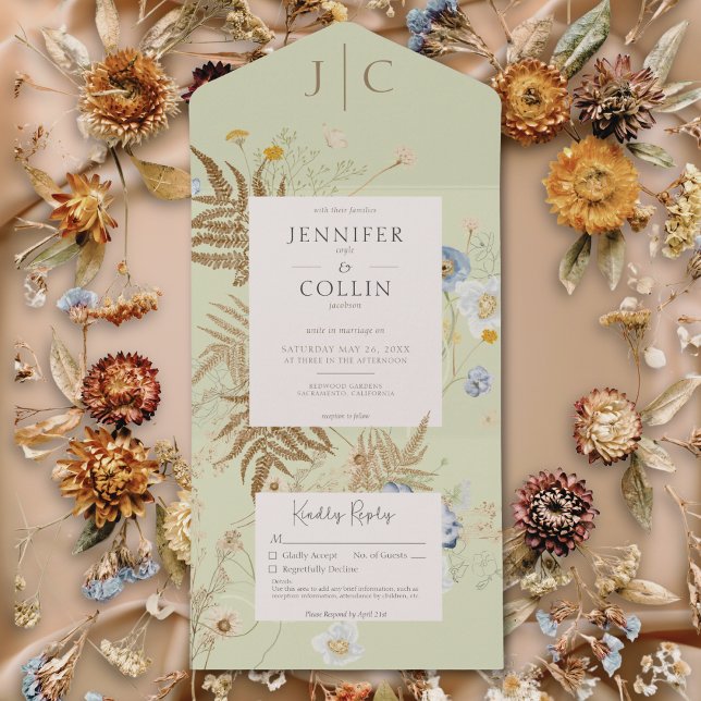Rustikale Wildblumen Monogram Light Green No Dinne All In One Einladung (Rustic Wildflowers Monogram Light Green No Dinner All In One Invitation)