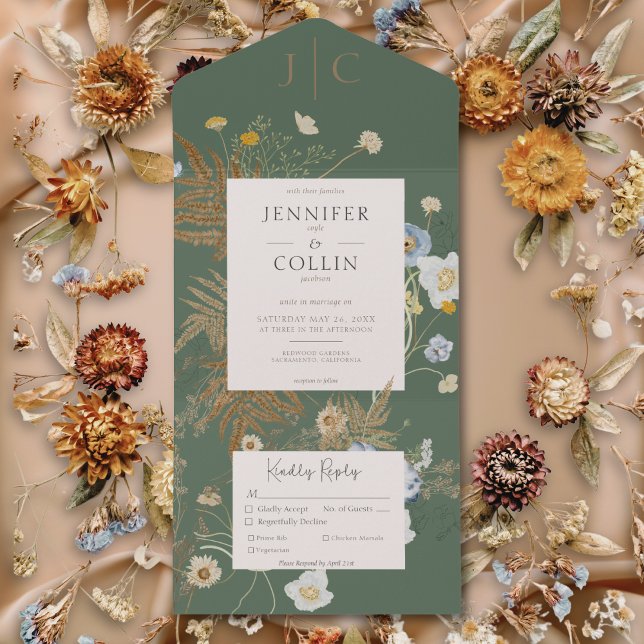 Rustikale Wildblumen Monogram Sage Green Dinner All In One Einladung (Rustic Wildflowers Monogram Sage Green Dinner All In One Invitation)