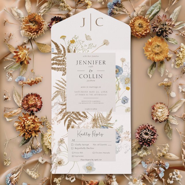 Rustikale Wildblumen Monogramm Creme Dinner All In One Einladung (Rustic Wildflowers Monogram Cream Dinner All In One Invitation)