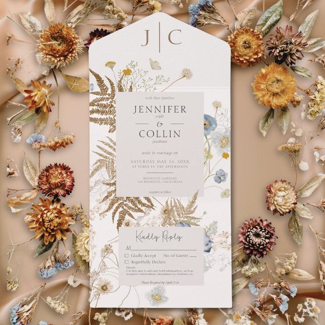 Rustikale Wildblumen Monogramm Creme Kein Abendess All In One Einladung (Rustic Wildflowers Monogram Cream No Dinner All In One Invitation)
