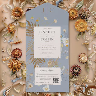 Rustikale Wildblumen Monogramm Dusty Blue QR Code All In One Einladung
