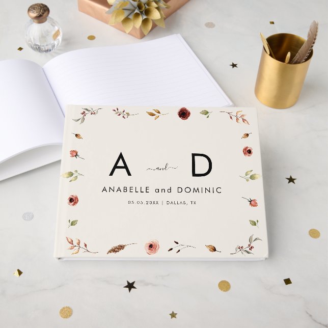 Rustikale Wildblumen Monogramm Elegante Hochzeit i Gästebuch (Vorderseite Offen)