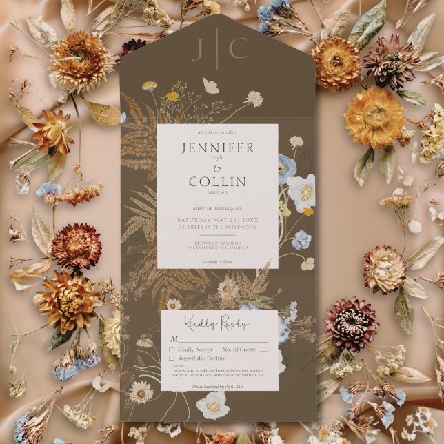 Rustikale Wildblumen Monogramm Leicht braun Kein A All In One Einladung (Rustic Wildflowers Monogram Light Brown No Dinner All In One Invitation)