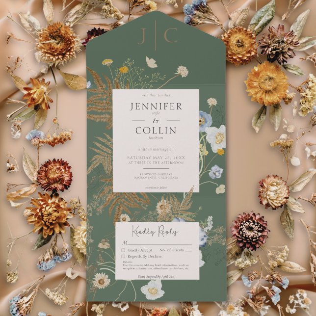 Rustikale Wildblumen Monogramm Sage Green No Dinne All In One Einladung (Rustic Wildflowers Monogram Sage Green No Dinner All In One Invitation)