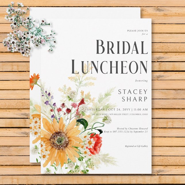 Rustikale Wildblumen & Sonnenblumen Bridal Luncheo Einladung (Rustic Wildflowers & Sunflowers Bridal Luncheon Invitation)