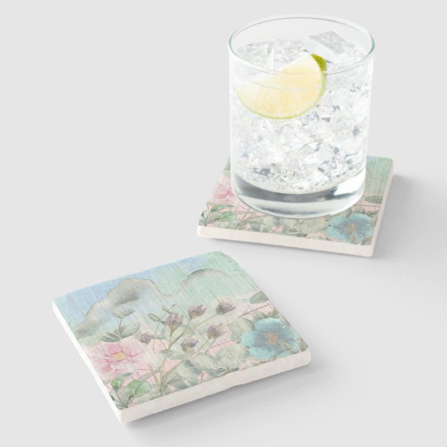 Rustikale Wildblumen Steinuntersetzer (Seitenansicht)