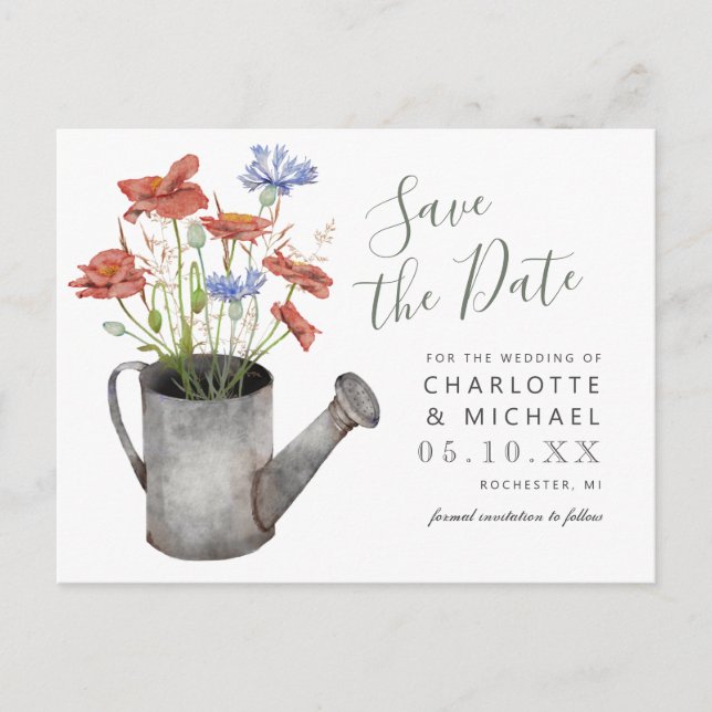 rustikale Wildblumen Wasser kann Save the Date Postkarte (Vorderseite)