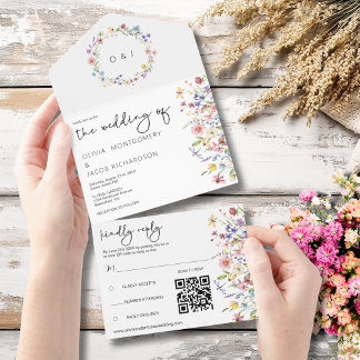 Rustikale Wildblumengarten-Hochzeits-RSVP & QR-Cod All In One Einladung