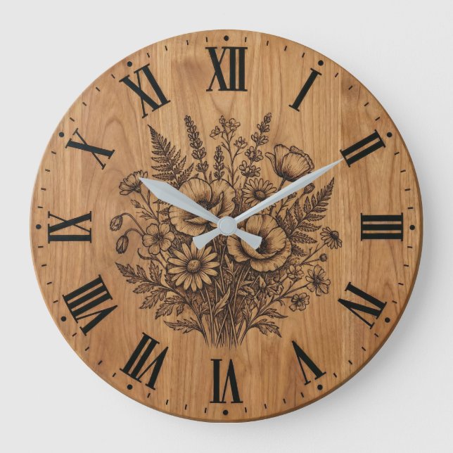 Rustikale Wildblumenstrauß-Wanduhr  Große Wanduhr (Vorderseite)