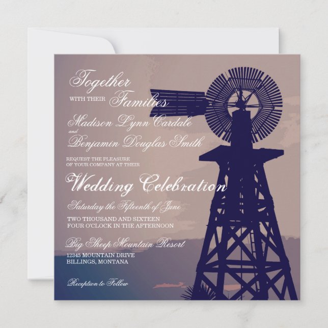 Rustikale Windmühle Einladungen für Hochzeiten (Vorderseite)