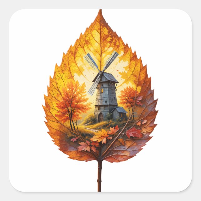 Rustikale Windmühle im Herbstglühen Quadratischer Aufkleber (Vorderseite)