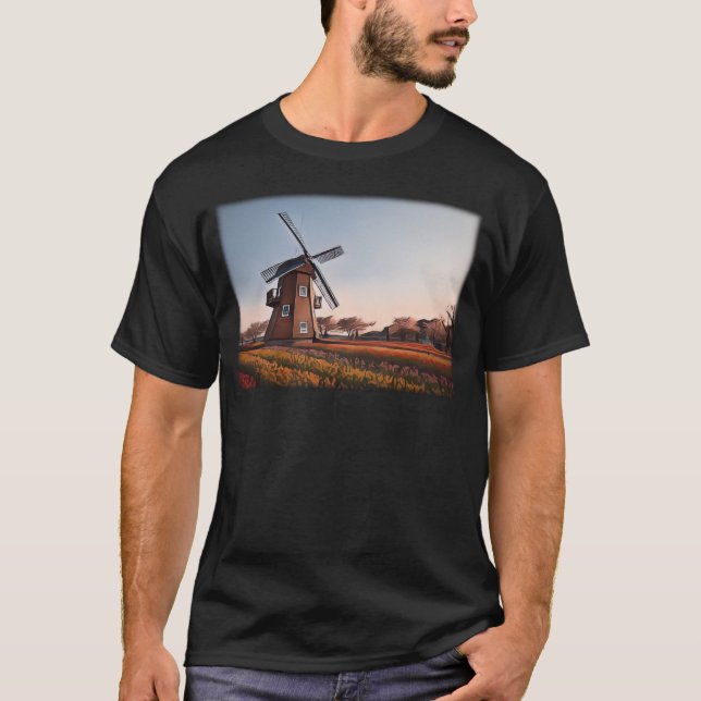 Rustikale Windmühle und Tulip Fields Sunset T-Shirt (Vorderseite)