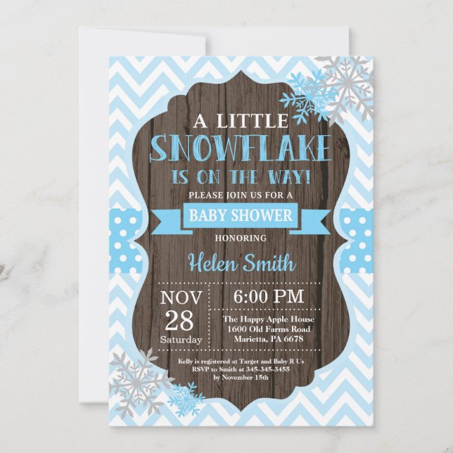 Rustikale Winter Baby Dusche Blue Snowflake Einladung (Vorderseite)