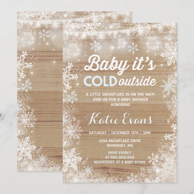 Rustikale Winter Baby Dusche Einladung Blau & Weiß (Vorne/Hinten)