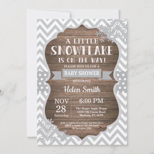 Rustikale Winter Baby Dusche Grau Snowflake Einladung (Vorderseite)