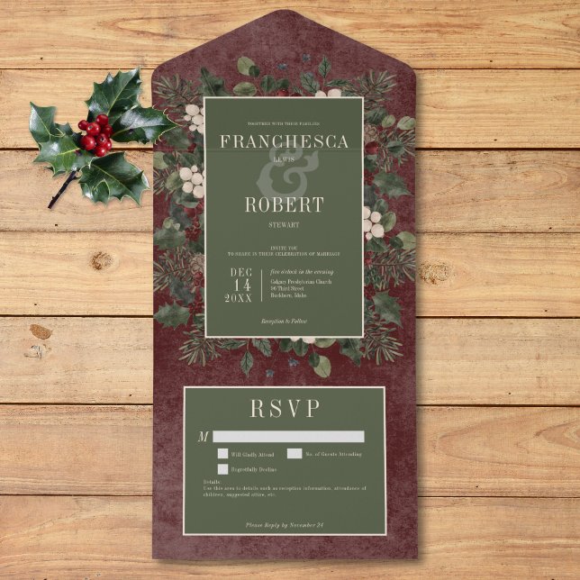 Rustikale Winter Berries & Pine Burgund Details All In One Einladung (Rustic Winter Berries & Pine Burgundy Details All In One Invitation)