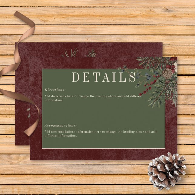 Rustikale Winter Berries & Pine Burgund Details Begleitkarte (Rustic Winter Berries & Pine Burgundy Wedding Details Card)