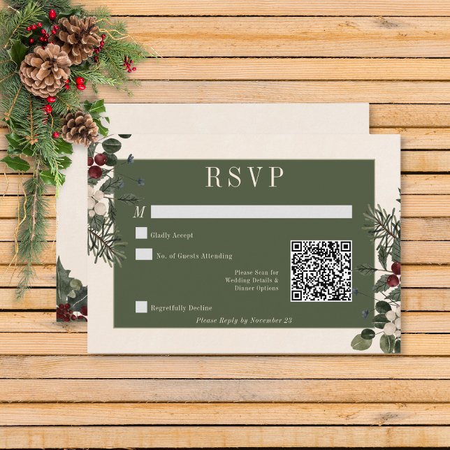 Rustikale Winter Berries & Pine Cream QR Code Hoch RSVP Karte (Rustic Winter Berries & Pine Cream Wedding Response Card with QR Code)