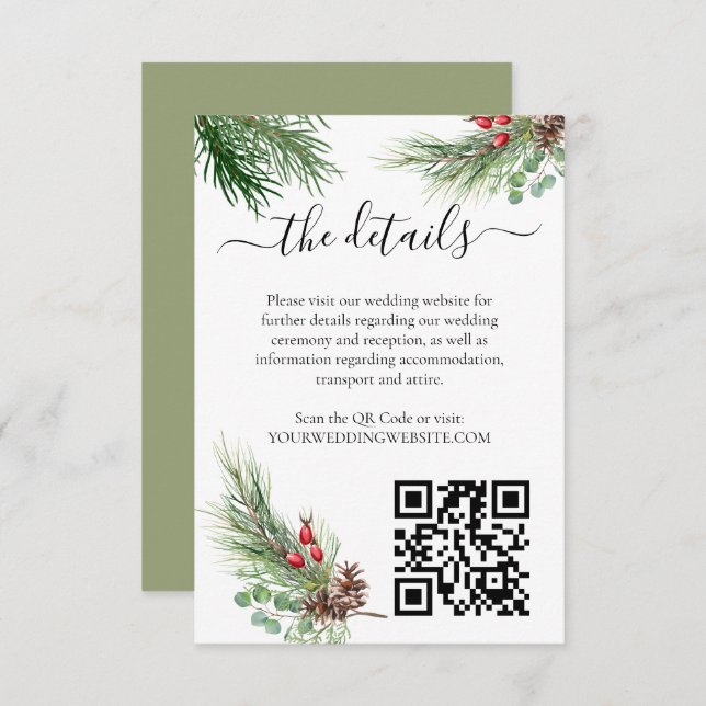 Rustikale Winter Berry Pine Grüne Hochzeit Begleitkarte (Vorne/Hinten)