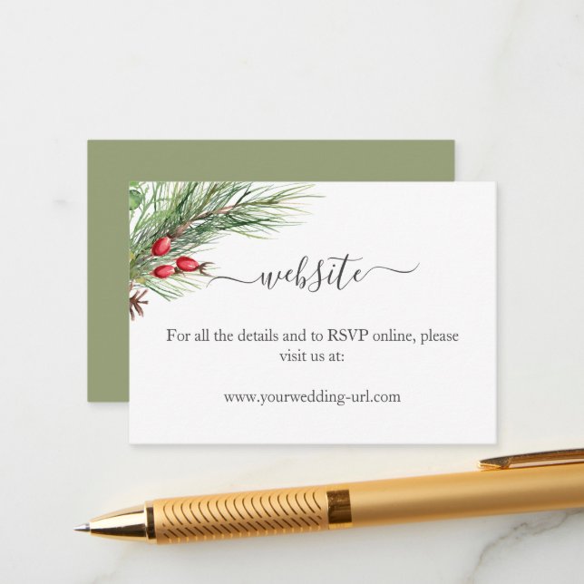 Rustikale Winter Berry Pine Grüne Hochzeit Begleitkarte (Vorderseite/Rückseite Beispiel)