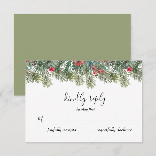 Rustikale Winter Berry Pine Grüne Hochzeit RSVP Karte (Vorne/Hinten)